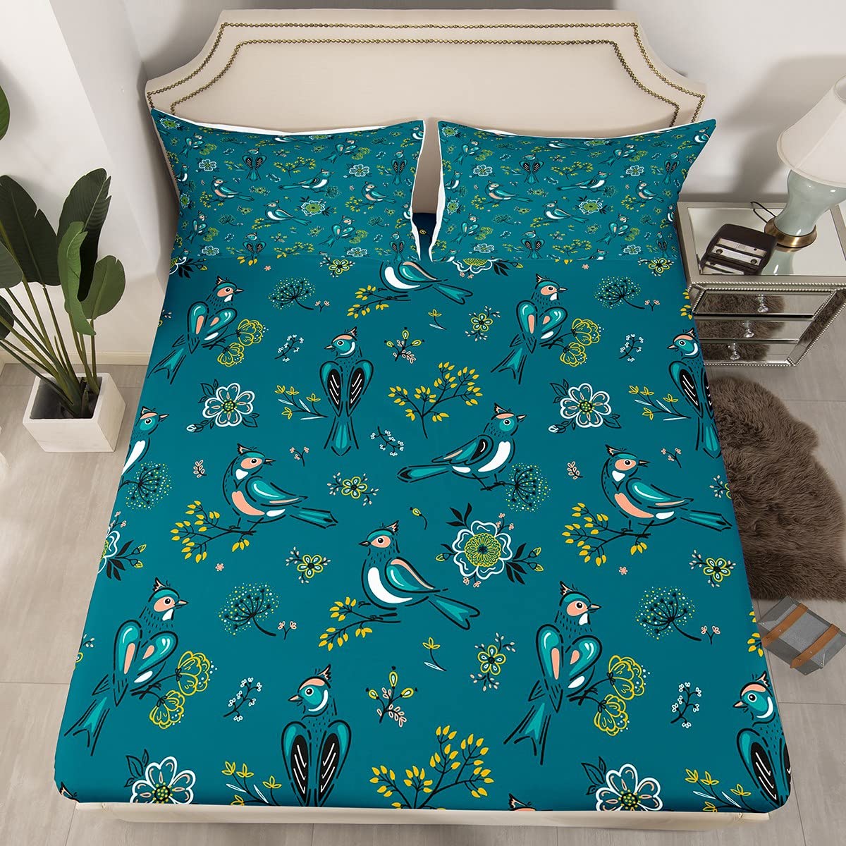 Vintage Teal Fitted Sheet Single Size, Flowers Birds Print Bed Cover with 1 Pillowcase, Vintage Flower Bedding Set 2pcs for Kids Boys Girls Room Decor, Soft Polyester Bedding