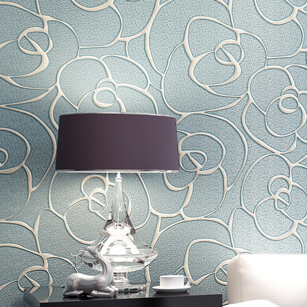 KeTian Modern Minimalist 3D Rose Flower Non-Woven Deep Embossed Textured Living Room Bedroom Wallpaper Roll Light Blue 0.53m (1.73' W) x 10m(32.8'L)=5.3m2 (57 sq.ft)