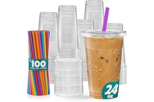 Gusto [24 oz. - 100 Count] Clear Cups with Flat Lids & Straws - Disposable Clear Drinking Cups for Iced Coffee, Cold Drinks, 