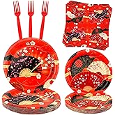 Folding Fans Party Decoration, Hibachi Party Plates Napkins, Forks, Tableware Sets for Hibachi Japanese Party Supplies, Baby Shower, Serves 25 (Fan)