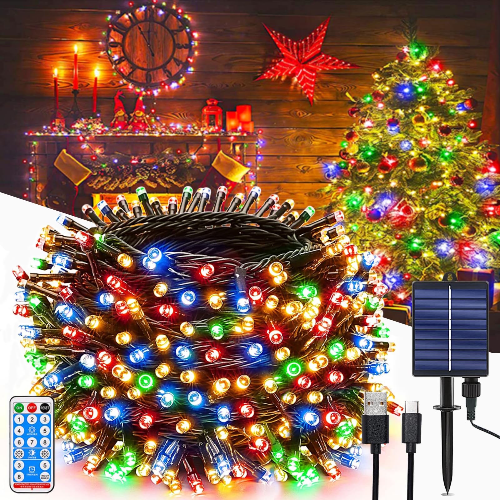MOLVCE Solar Fairy Lights Outdoor 30 m 300 LED, Fairy Lights Solar with Remote Control, 8 Modes, Timer, USB Powered, Dimmable Solar Fairy Lights Weatherproof for Balcony, Wedding, Christmas