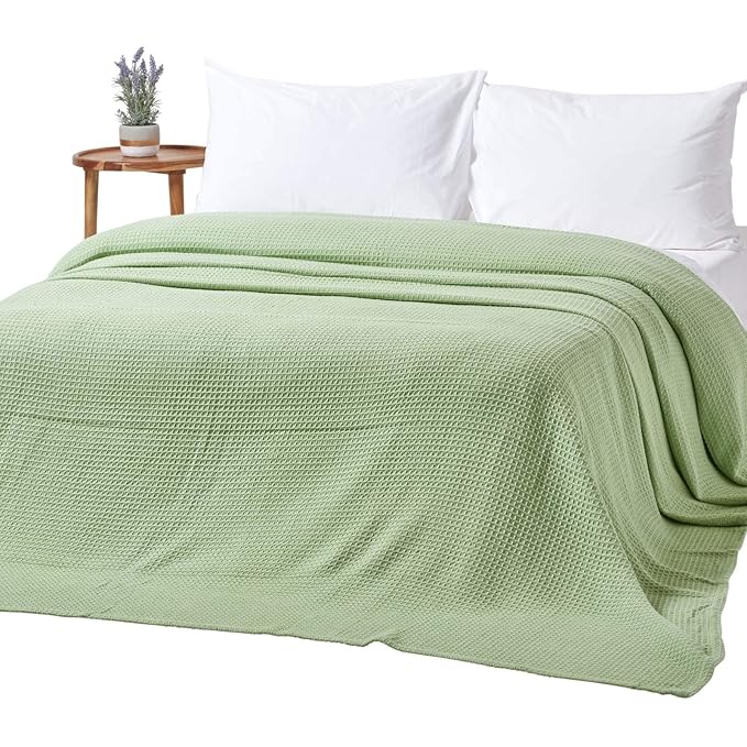 Homescapes 100 Organic Cotton Waffle Blanket Sage Green King Bed Size 250 x 230 cm
