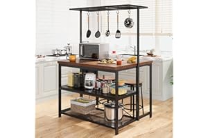 GarveeHome 47 in Kitchen Island with Power Outlet & Storage - Large Bakers Rack, Microwave Stand with 3-Tier Shelves & 5 Hooks for Pantry Organization