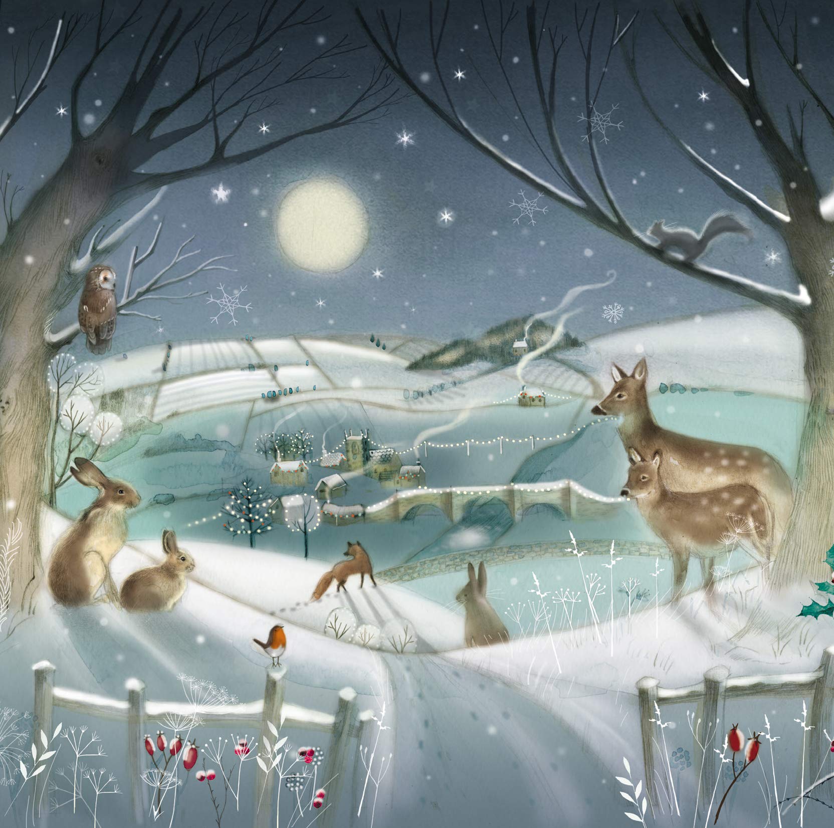 Charity Christmas Cards Pack of 6 - Supporting British Heart Foundation - Moonlit Winter Wildlife Scene - Artistic Festive Design - Eco-Friendly