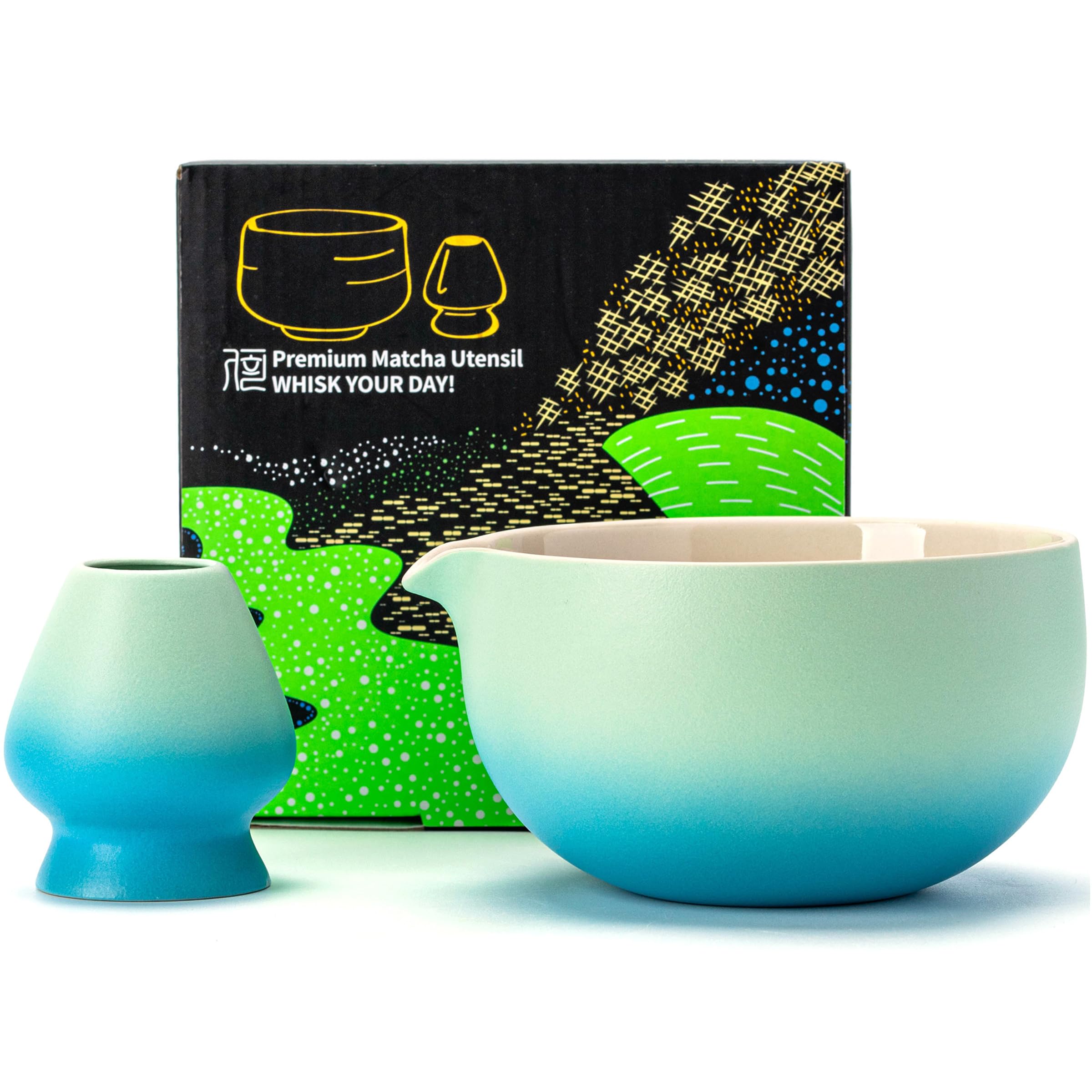 TEANAGOO Japanese Ceramic Matcha Chawan, 18oz, Blue White Gradient, Whisk Holder Included