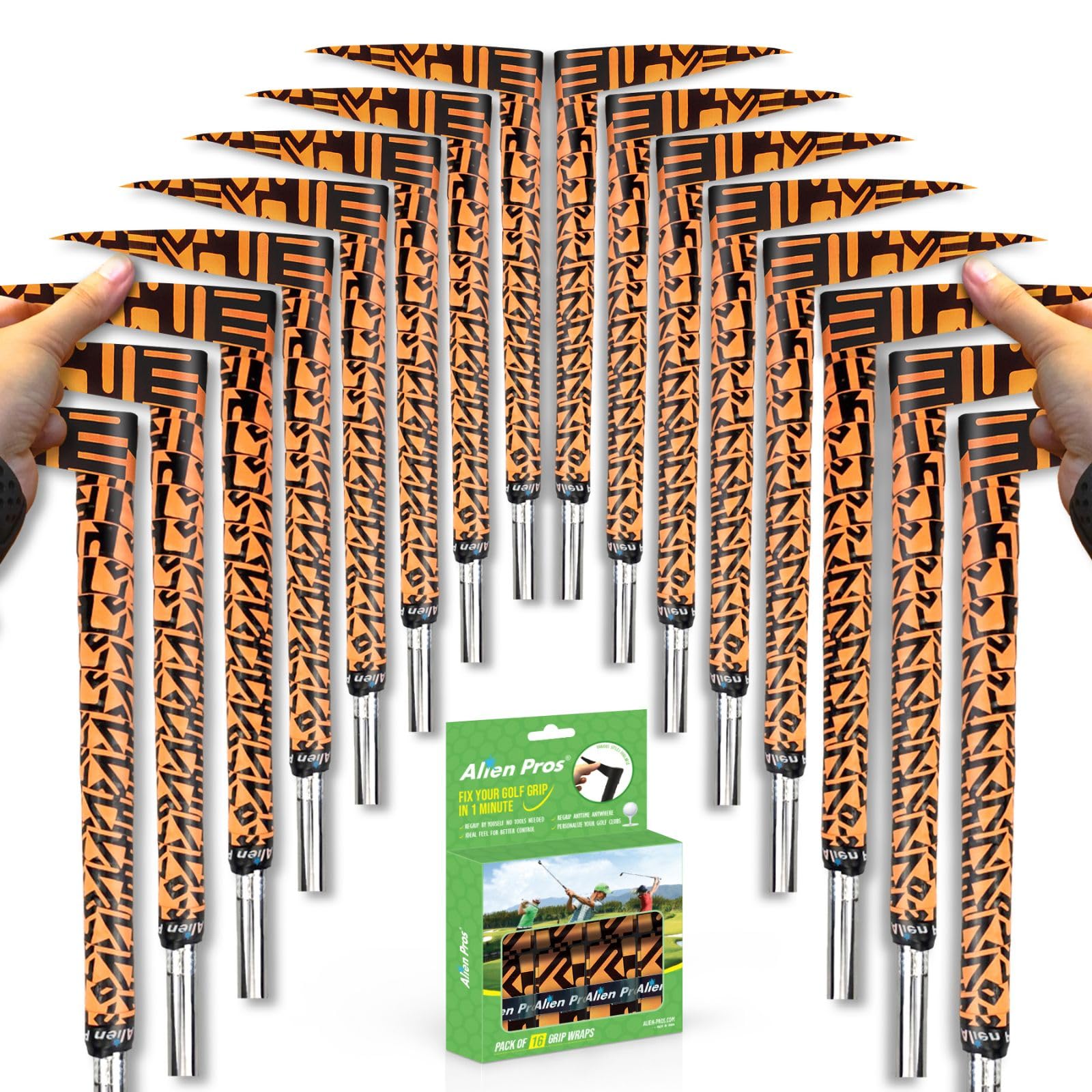 Alien Pros Golf Grip Wrapping Tapes (16-Pack) - Innovative Golf Club Grip Solution - Enjoy a Fresh New Grip Feel in Less Than 1 Minute (16-Pack, Egyptian Orange)