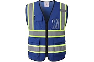 Kazsaifo Reflective Safety Vest for Men Women with 5 Pockets and Zipper Front High Visibility Mesh Vest Hi Vis Construction Work Vest,Meets ANSI/ISEA Standards(KZ177-Blue-L)