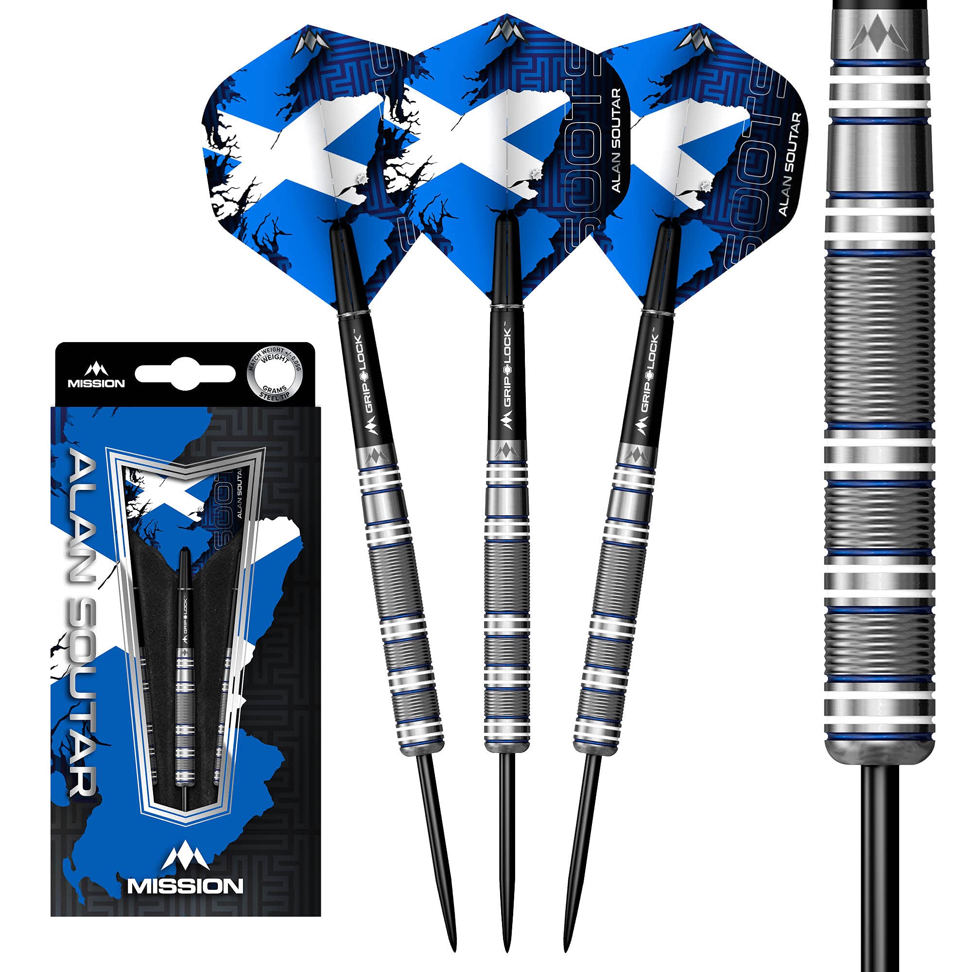 Mission Darts Alan Soutar | 90% Tungsten Straight Barrel Pro Player Steel Tip Dart Set, Blue & White