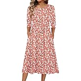 Zeagoo 3/4 Sleeve Women's Dress Casual Flowy A-Line Midi Tshirt Dresses with Pockets Crewneck Vocation Boho Beach Sundress