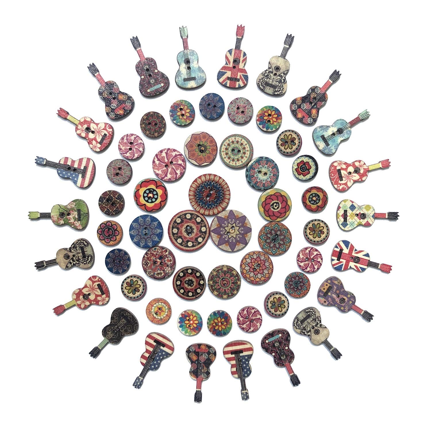 500 Pieces Wood Buttons, 2 Holes Round Flower and Guitar Wooden Buttons Vintage Buttons for DIY Sewing Craft Decorations, with 65.6 Feet Natural Jute Twine