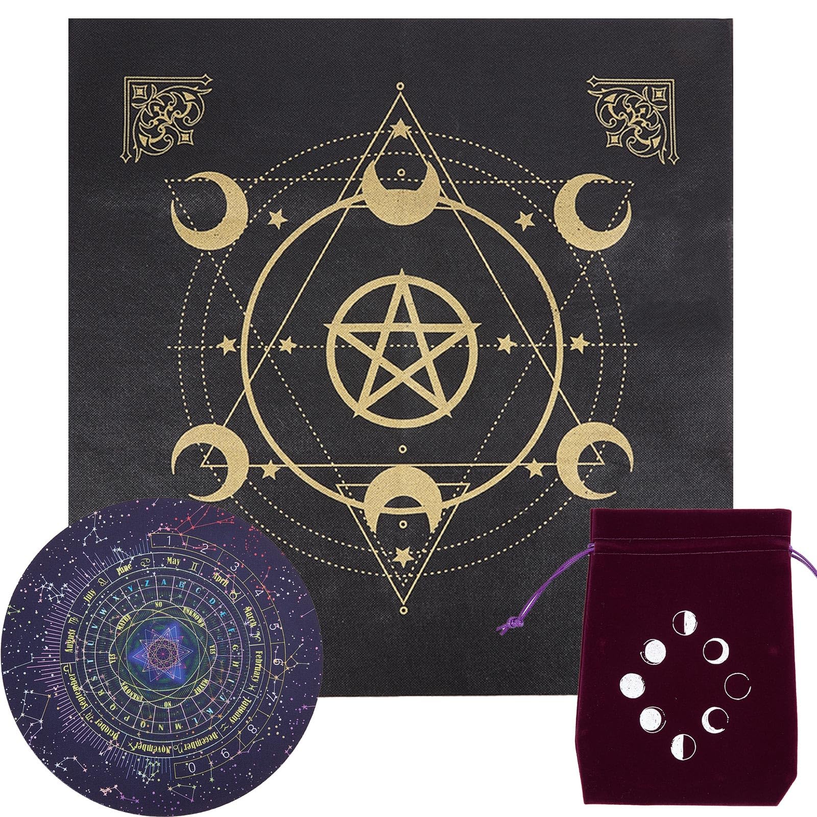 CREATCABIN Pentagram Altar Cloth Kit Tapestry Tablecloth Pendulum Mats Divination Pad Spiritual Cloth With Tarot Card Bag Square Celestial Tarot Witchcraft Supplies Witch Decor for Witch 19.29 Inch