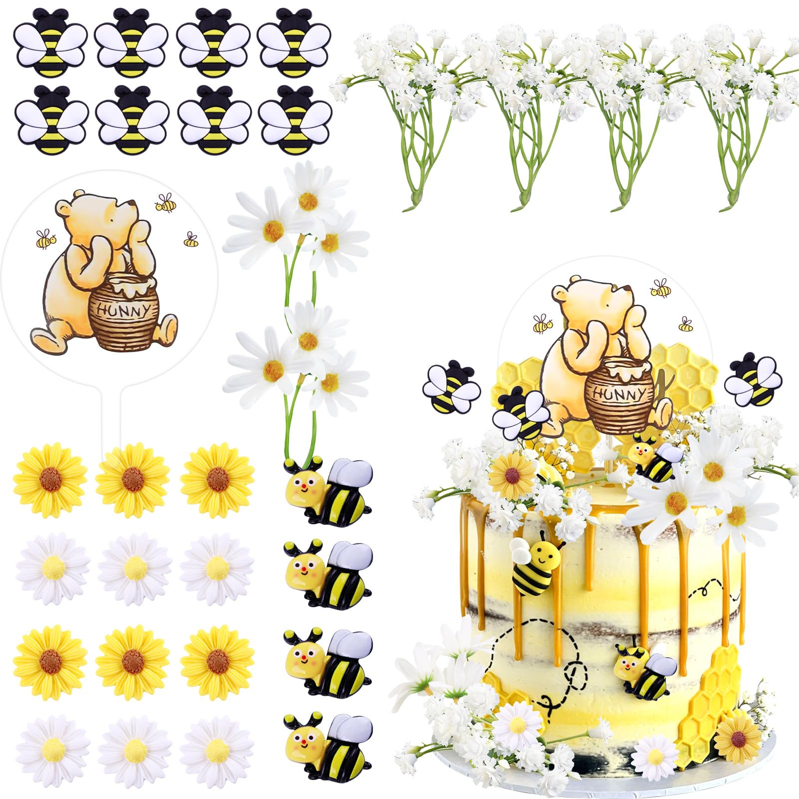 Morofme Winnie the Pooh Cake Toppers 31 Pcs, Yellow White Daisies Bee Birthday Cake Decorations, Winnie the Pooh Themed Cake Topper for Cupcake, Cookies, Birthday, Themed Party Cake Decorations