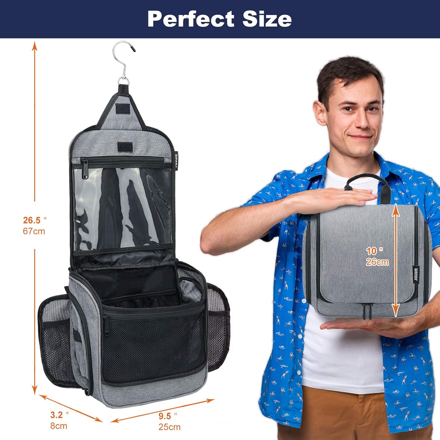 WANDF Toiletry Bag with Medicine Pocket Jewellery Bag and Clear Wet Separation Compartments Water-resistant Nylon Travel Shaving Dopp Kit Travel (Grey): Clothing