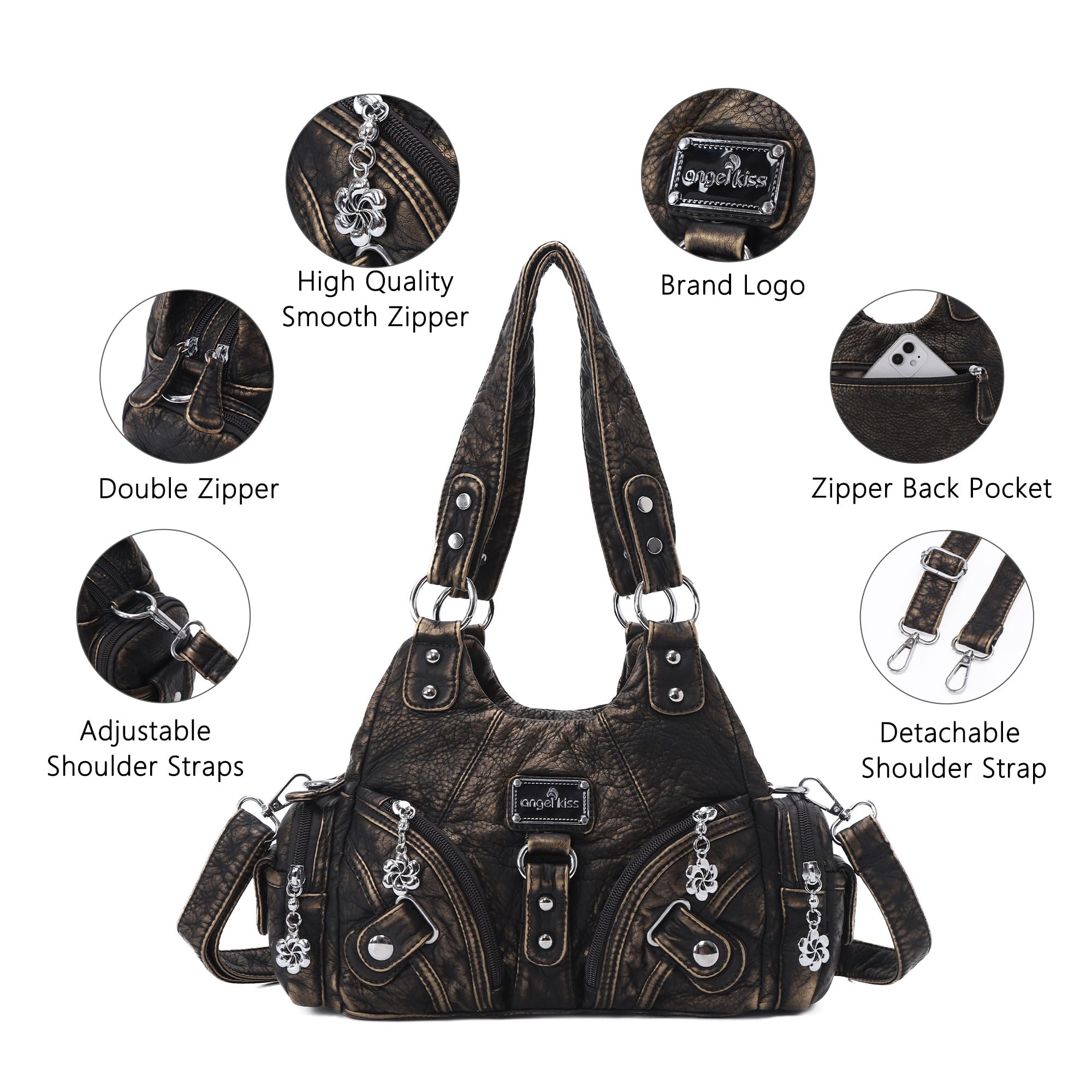 Angel Kiss Purses for Women Small Hobo Shoulder Bags Vagen Leather Multi-Pocket Tote Bag with Zipper, Bronze