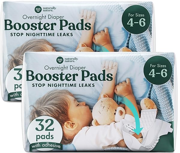 NATURALLY NATURE OVERNIGHT DIAPER BOOSTER PADS, STOPS OVERNIGHT LEAKING, DIAPER LINERS FOR TODDLER, NIGHTTIME DIAPERS SIZE 5, ADHESIVE PAD FOR GIRLS, BOYS, (2 PACKS OF 32 CT.)