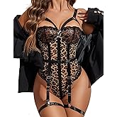 Avidlove Lingerie Sets for Women Sexy Lace Skull Corset with Garter Belt One Piece Teddy Bodysuit