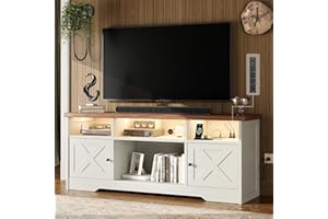 Casaottima TV Stand for 65 Inch TV, Farmhouse Entertainment Center with Power Outlet & LED Light and Storage Cabinets, Console Table and Media Furniture for Living Room Bedroom, White