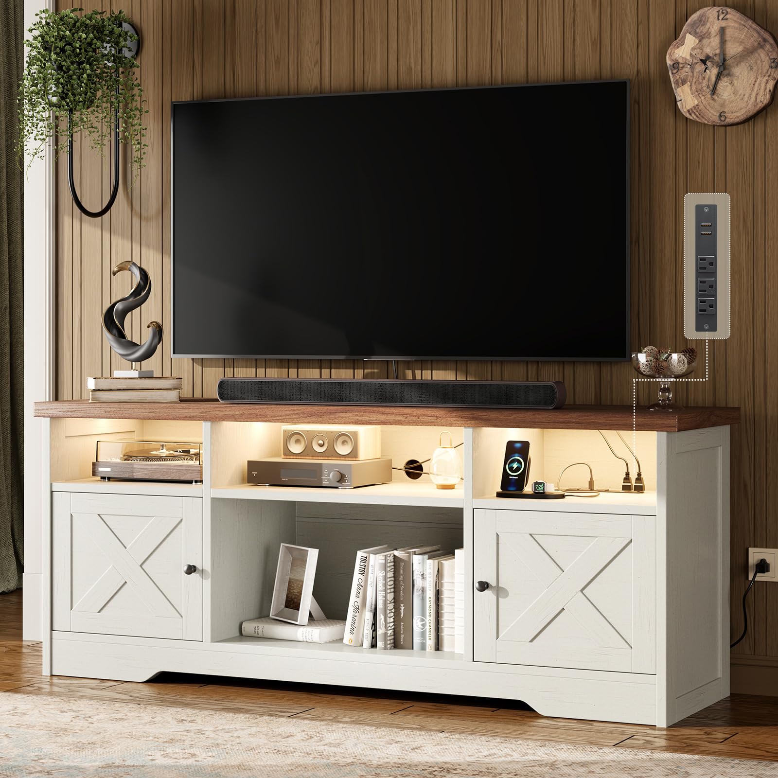 Photo 1 of ***SCREWS NOT INCLUDED*** Casaottima TV Stand for 65 Inch TV, Farmhouse Entertainment Center with Power Outlet & LED Light and Storage Cabinets, Console Table and Media Furniture for Living Room Bedroom, White