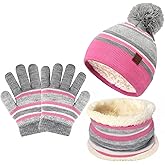 Kids Toddlers Winter Knit Warm Beanie Hat Scarf Gloves Set for Boys Girls Age 2-7, Pompom Cap Neck Warmer Gloves Fleece Lined