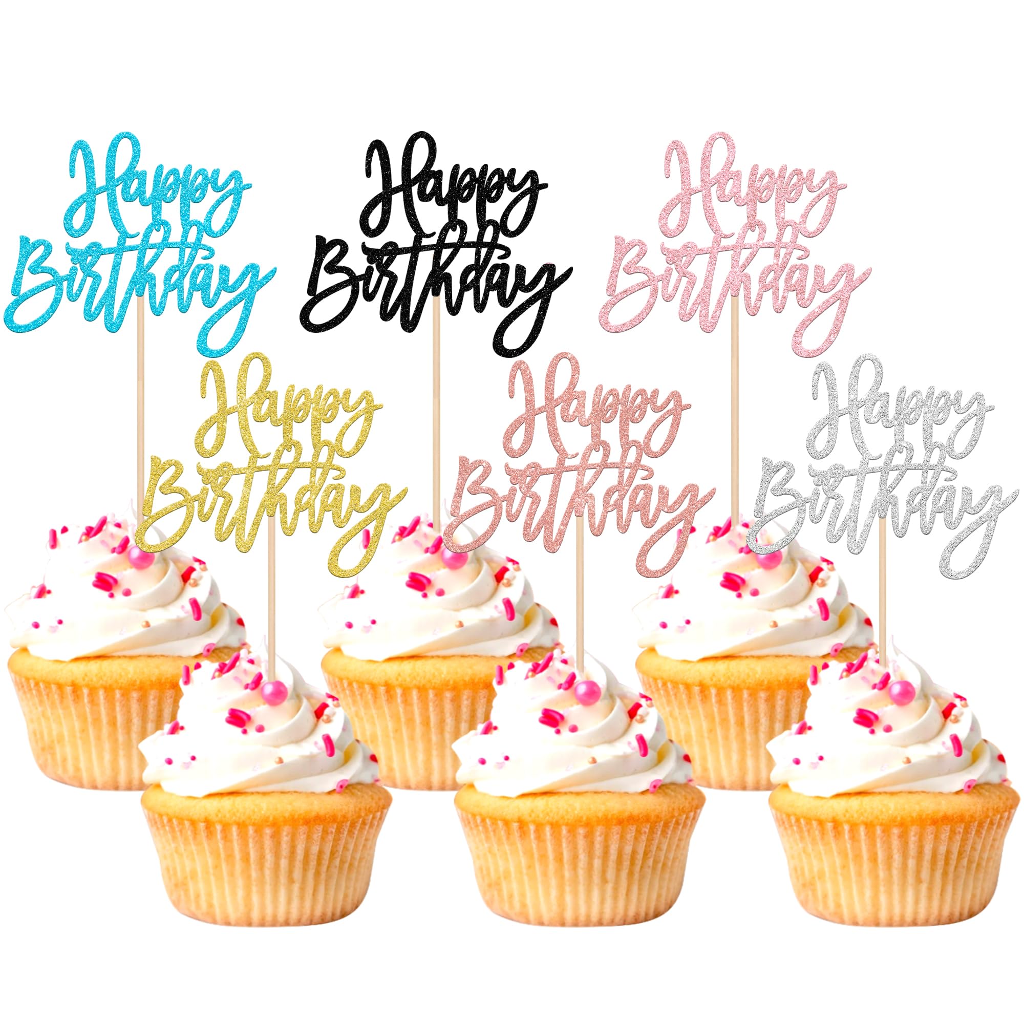 24 PCS Glitter Cupcake Toppers - Happy Birthday & Anniversary Picks - Multi 6 Colors