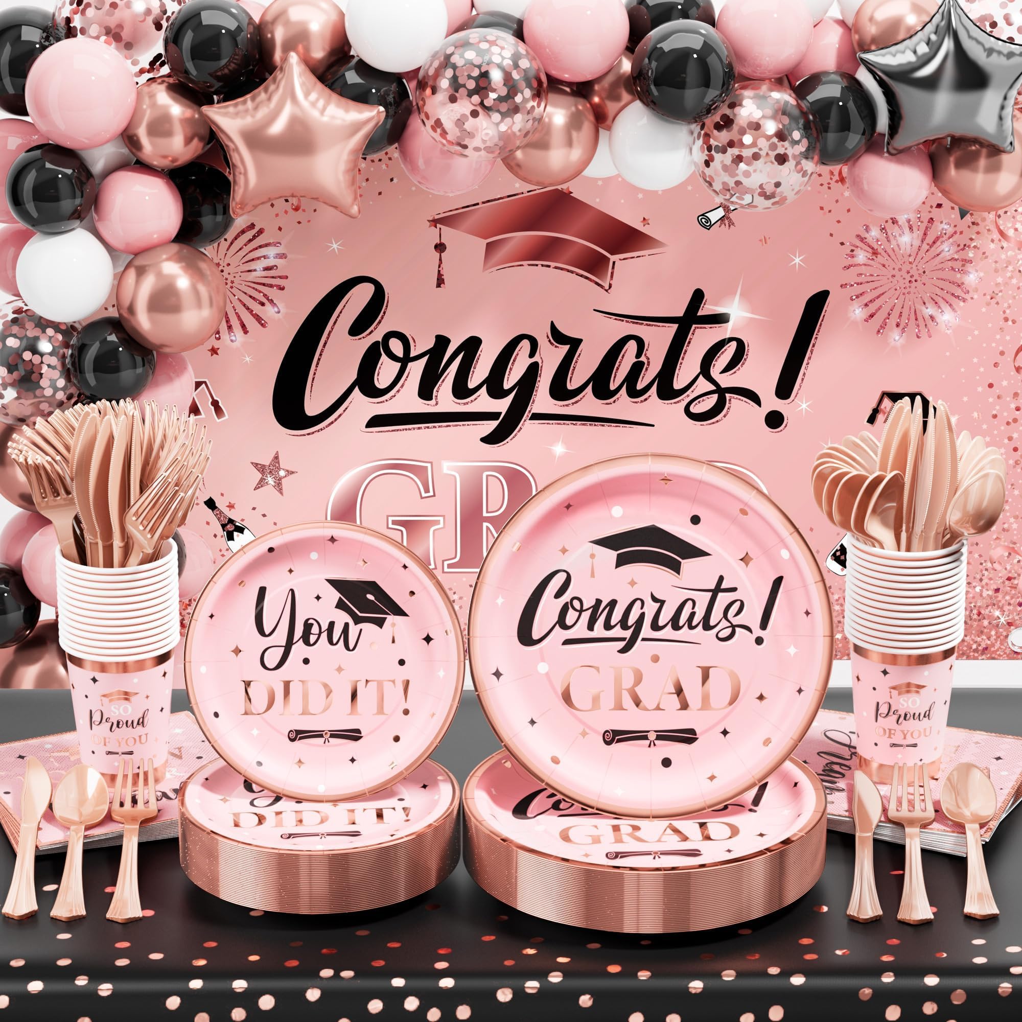 Photo 1 of Ecomore Graduation Decoration Class of 2025, 245PCS Grad Party Decor Supplies & Disposable Dinnerware(Serve 25) Paper Plate Cup Napkin Cutlery Tablecloth Backdrop Balloon Garland Kit(Pink & Rose Gold)