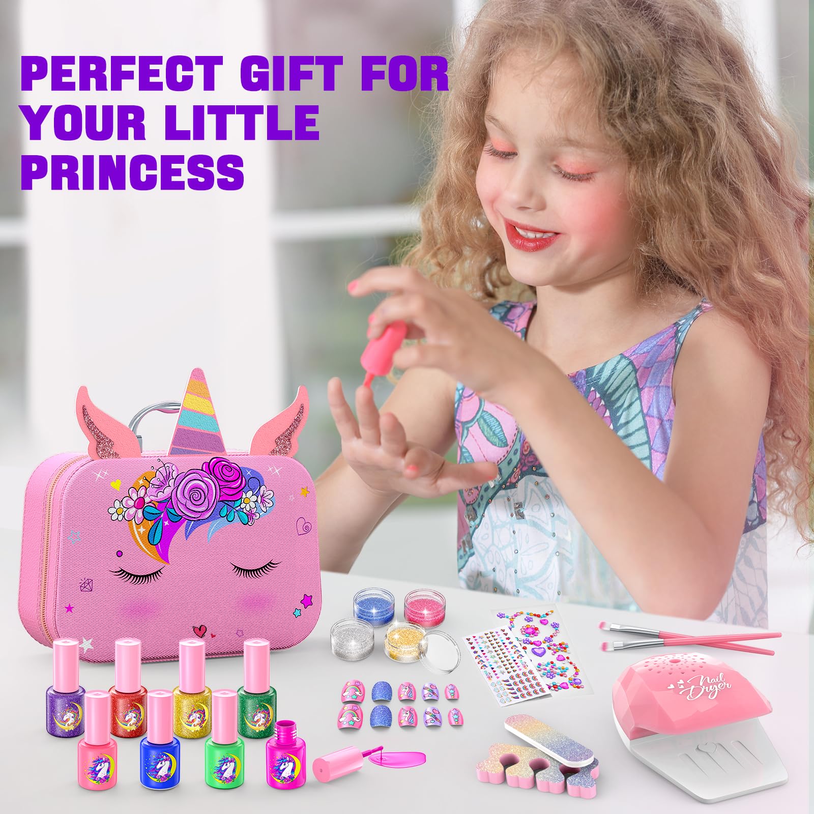 Kids Nail Polish Set for Girls, Non-Toxic Quick Dry Nail Art Salon Kit with Nail Dryer and Peelable Nail Polish,Ideal Gift Toys for Girls Age 3-12