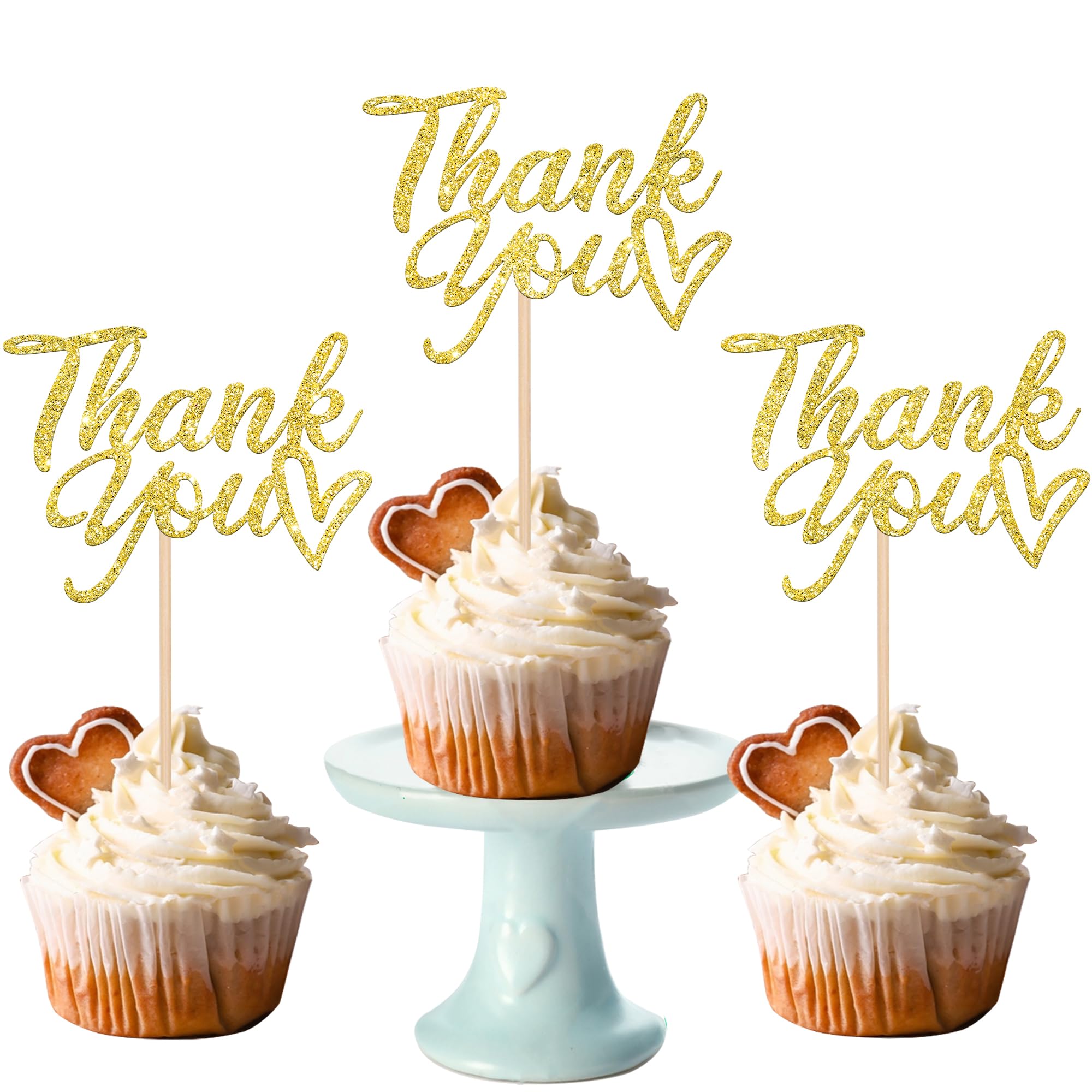SYKYCTCY 24 Pack Thank You Cupcake Toppers Glitter Thank You Cupcake Picks Thanksgiving Day Cupcake Decorations Wedding Anniversary Birthday Party Supplies Gold