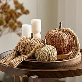 Wesiti 3 Pcs Rattan Pumpkin Decor with Tassel Beads Neutral Fall Decor | Handmade Wicker Decorative Pumpkin, Woven Farmhouse Thanksgiving Centerpieces, Autumn Halloween Decor for Indoor Mantel Table