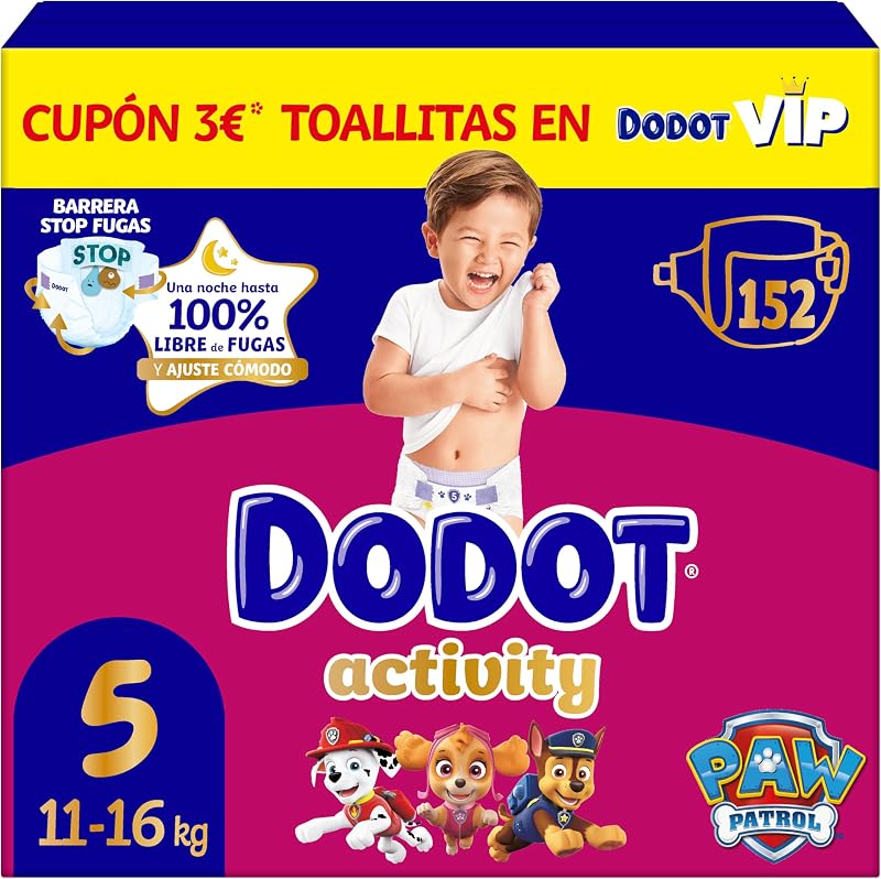 Fraldas dodot baby activity tamanho 5 (11-16 kg), 152 fraldas, nosso nº1 em absorção e conforto