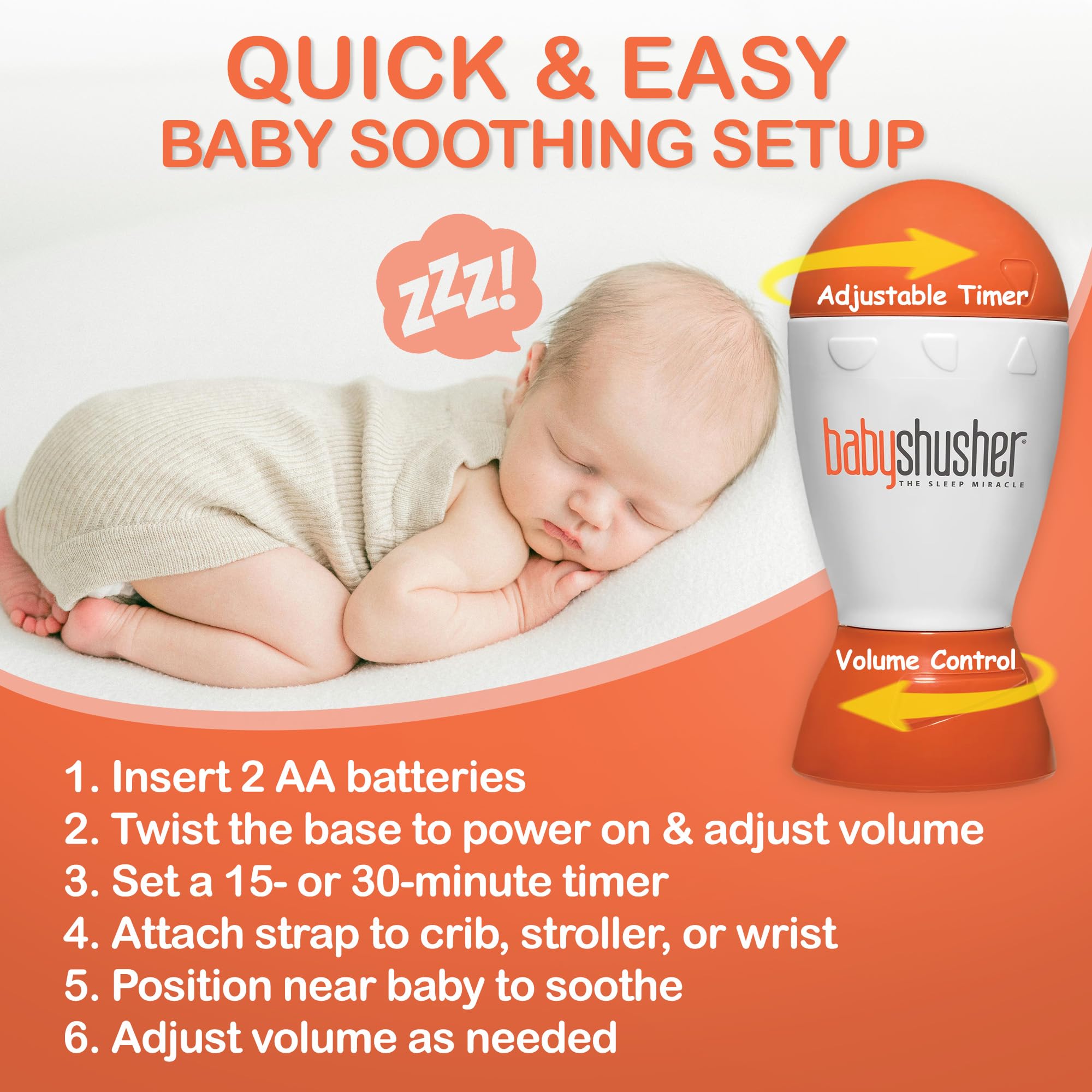 Baby Shusher Portable Sound Machine - Mom-Like 'Shh!' Sound for Baby, Sleeping Soother, Newborn Essentials for Crib, Battery Operated Hush, Travel Friendly, Shower & Registry Gift - 1 Count