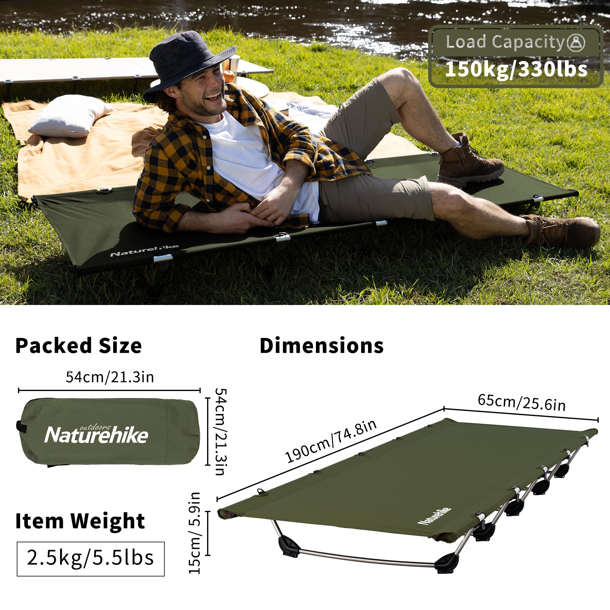 Naturehike Campingbett Ultraleichtes Feldbett Tragbares Klappbett für Erwachsene Schlafen Belastbarkeit bis 150kg Campingliege für Zelten Wandern Home Rucksackreisen Büro-Mittagspause-Bett 2