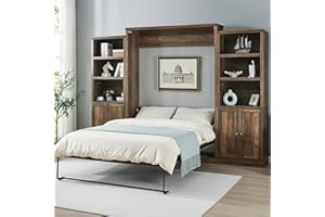 BIADNBZ Queen Size Murphy Bed with 2 Side Cabinet Storage Shelf and USB Port, Wood Foldable Bedframe Wallbed for Bedroom Living Room, Space-Saving Design, Brown