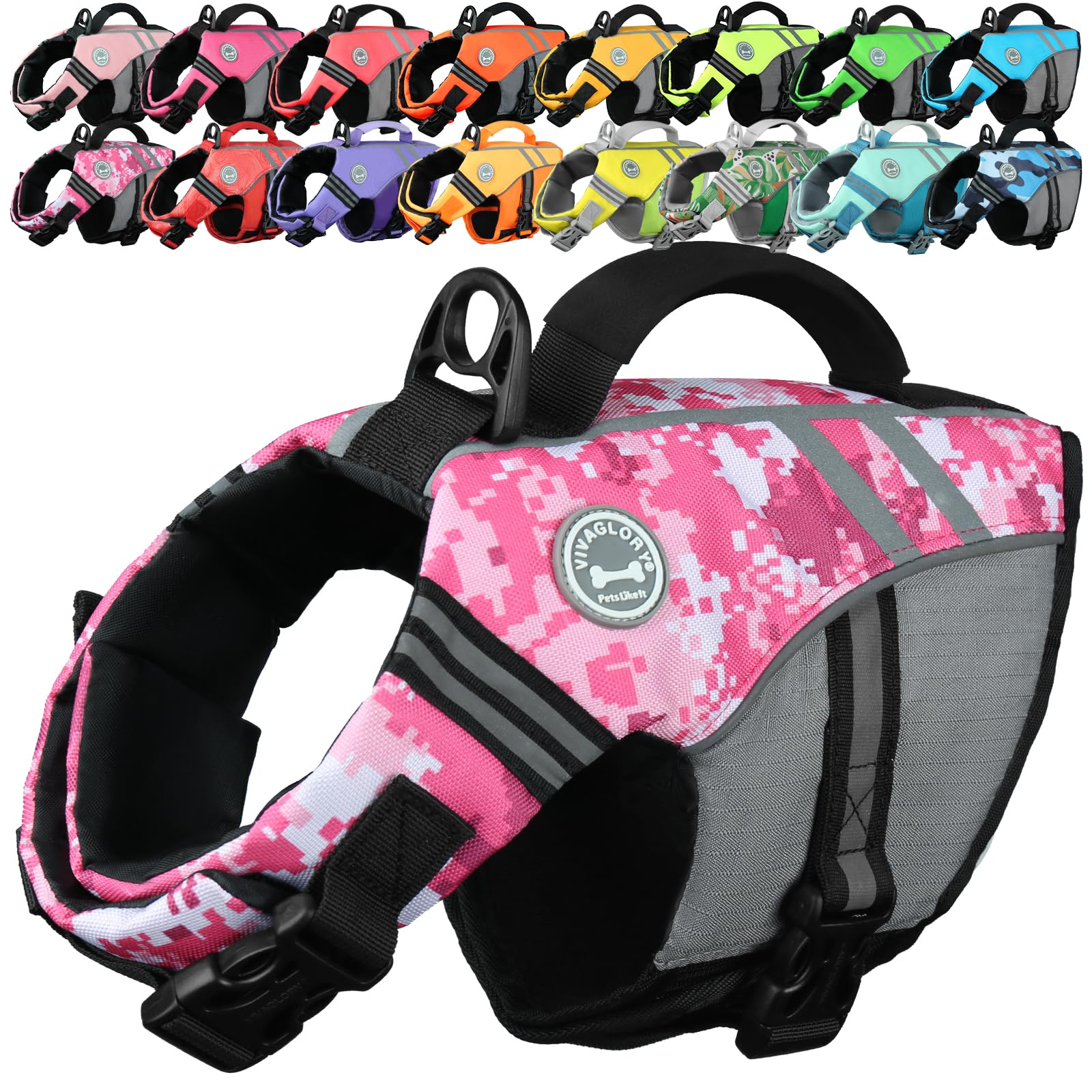 VIVAGLORY Sports Style Dog Life Jacket, Dog Buoyancy Jacket for Swimming & Boating, Ripstop & Buoyancy for Doggy, Life Vest with Handle, XS, Camo Pink