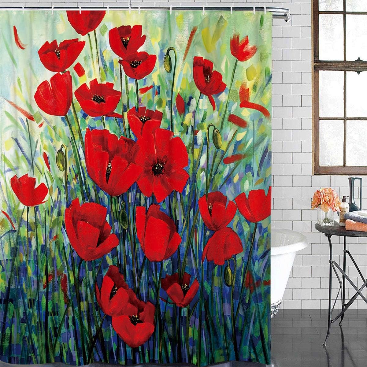 wanxinfu Shower Curtain Polyester Fabric Bathroom Curtain Set with Hooks Bath Decor Set Waterproof Personalized Customization Curtains, Poppy Flower Oil Painting Art 72" x 72"