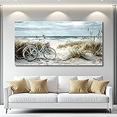 FUHAIHUA Wall Art For Living Room Canvas Decor For Bedroom Modern Office Decorations Blue Beach Bicycle Seascape Paintings Ocean Landscape Pictures Artwork Ready To Hang Home Decor