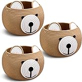 Uiifan 3 Pcs Baby Laundry Basket Bear Cute Round Cotton Rope Basket for Newborn Items Storage, Clothes, Toy, Blankets, Towels, Nursery, 9.45 x 9.45 Inches, Brown