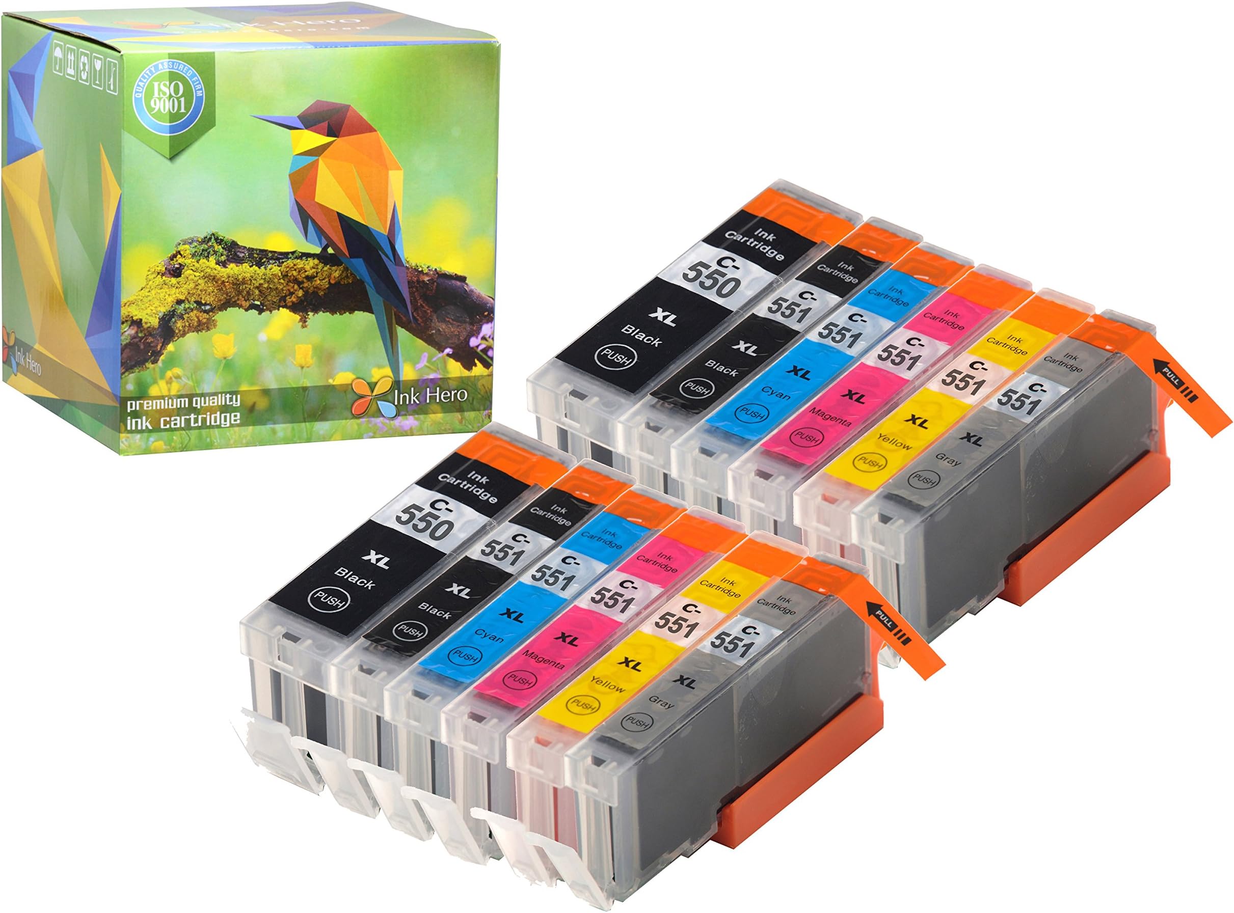 Ink Hero Compatible Ink Cartridge Replacement for Canon 551XL, 550XL (Pigment Black, Black, Cyan, Magenta, Yellow, Gray, 12-Pack)