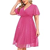 ZOMVA Plus Size Sparkly Mesh Dress A Line Ruffle Sleeve V Neck Wrap Short Glitter Dresses Wedding Guest Cocktail Party