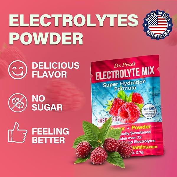 DR. PRICE’S ELECTROLYTES HYDRATION POWDER PACKETS – RASPBERRY, 30 PACKS | SUGAR FREE ELECTROLYTE DRINK MIX, 72+ TRACE MINERALS, MANGANESE | KETO ELECTROLYTES, VEGAN, DOCTOR-FORMULATED, MADE IN USA