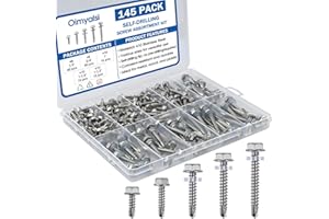 OIMYALSI 145 PCS Self Tapping Screws for Metal – 410 Stainless Steel Self Drilling Screws Kit, Multiple Sizes (#10 with Washers), Hex Head, Rust-Resistant for Wood, Plastic, Roofing, DIY Projects