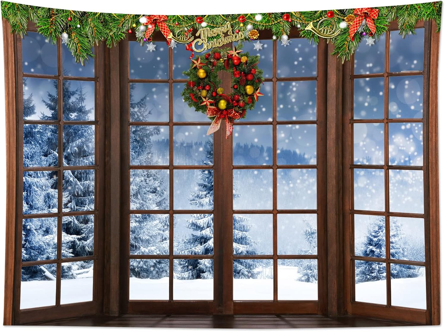 Tapestries - HVEST Winter Tapestry Snow Forest outside Windows Tapestries Wall Hanging Red Christmas Balls and Christmas Wreath Tapestry for Bedroom Living Room Dorm Wall Decor, 80W x 60H inches