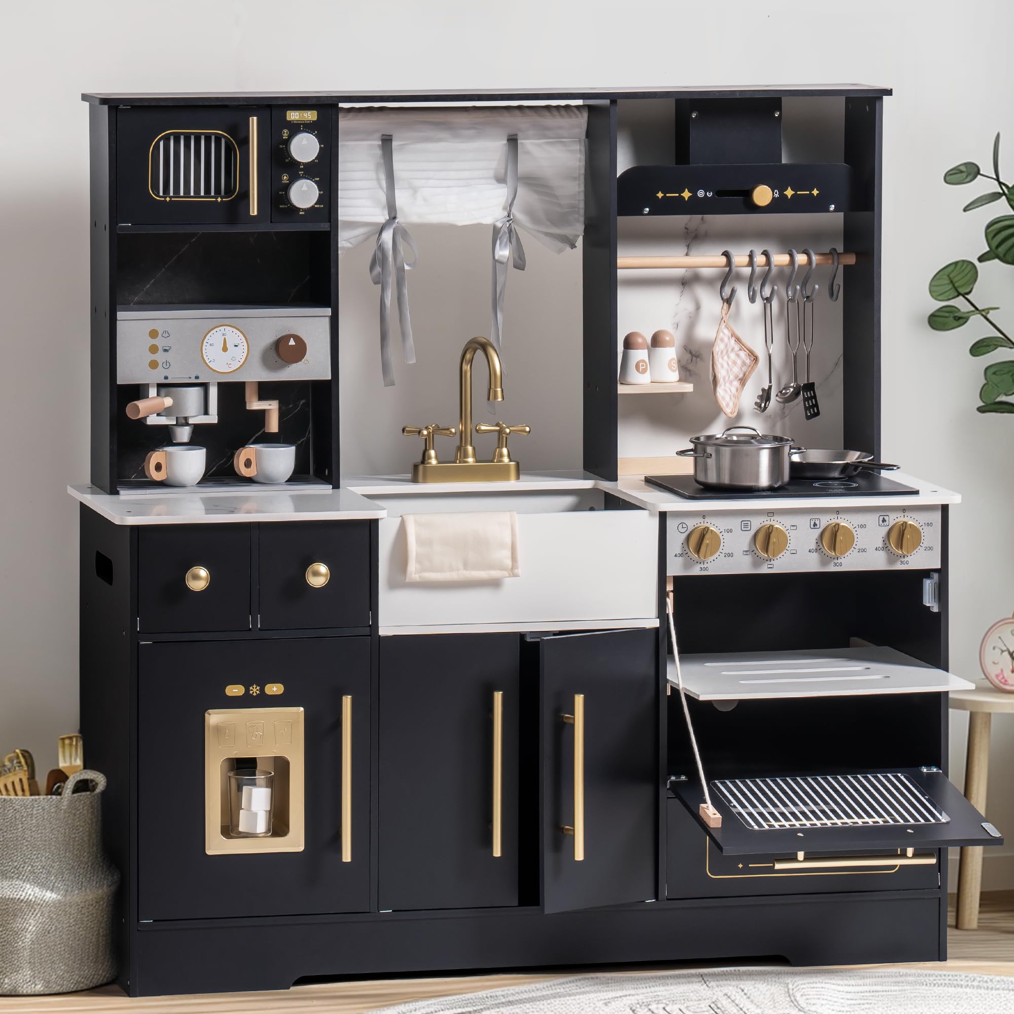 Photo 1 of ***DAMAGED -MISSING PARTS ***SELLING AS REPLACEMENT PARTS ONLY*** GREAT FOR DIY PROJECTS, CRAFTS OR WOOD REUSE.
PARTS ONLY*** 
ROBOTIME Wooden Play Kitchen for Toddlers and Kids, Toy Kitchen Set with Ice Maker and Coffee Machine, Realistic Toddler Kitchen