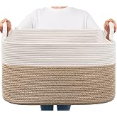 Goodpick Large Woven Rope Blanket Basket, Rectangle, White &amp; Light Brown | 21.6" &times; 14.9" &times; 11.8" Storage Basket for Pillows &amp; Toys Laundry, Nursery &amp; Living Room Organization, Reinforced Handles