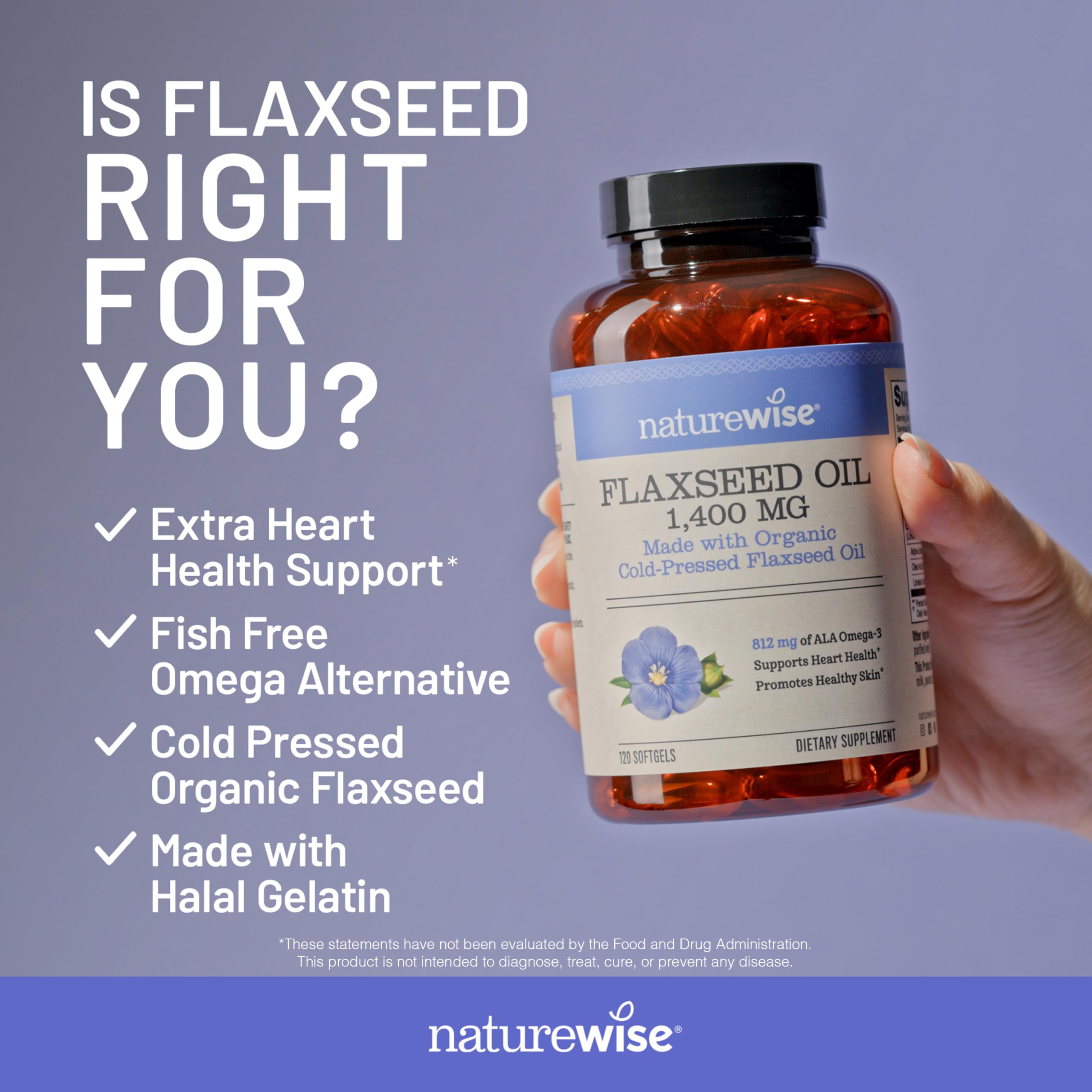 NatureWise Flaxseed Oil 1400 mg, Fish Free, High Potency Omega 3 with 812 mg ALA, Dietary Supplement for Heart Health Support - Organic, Cold Pressed, Non-GMO - 120 Softgels[120-Day Supply]