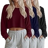 Velvelhall 3 Pack Women's Cropped Long Sleeve Tops Boat Neck Loose Fit T-Shirts Oversized Drop Shoulder Casual Basic Tees