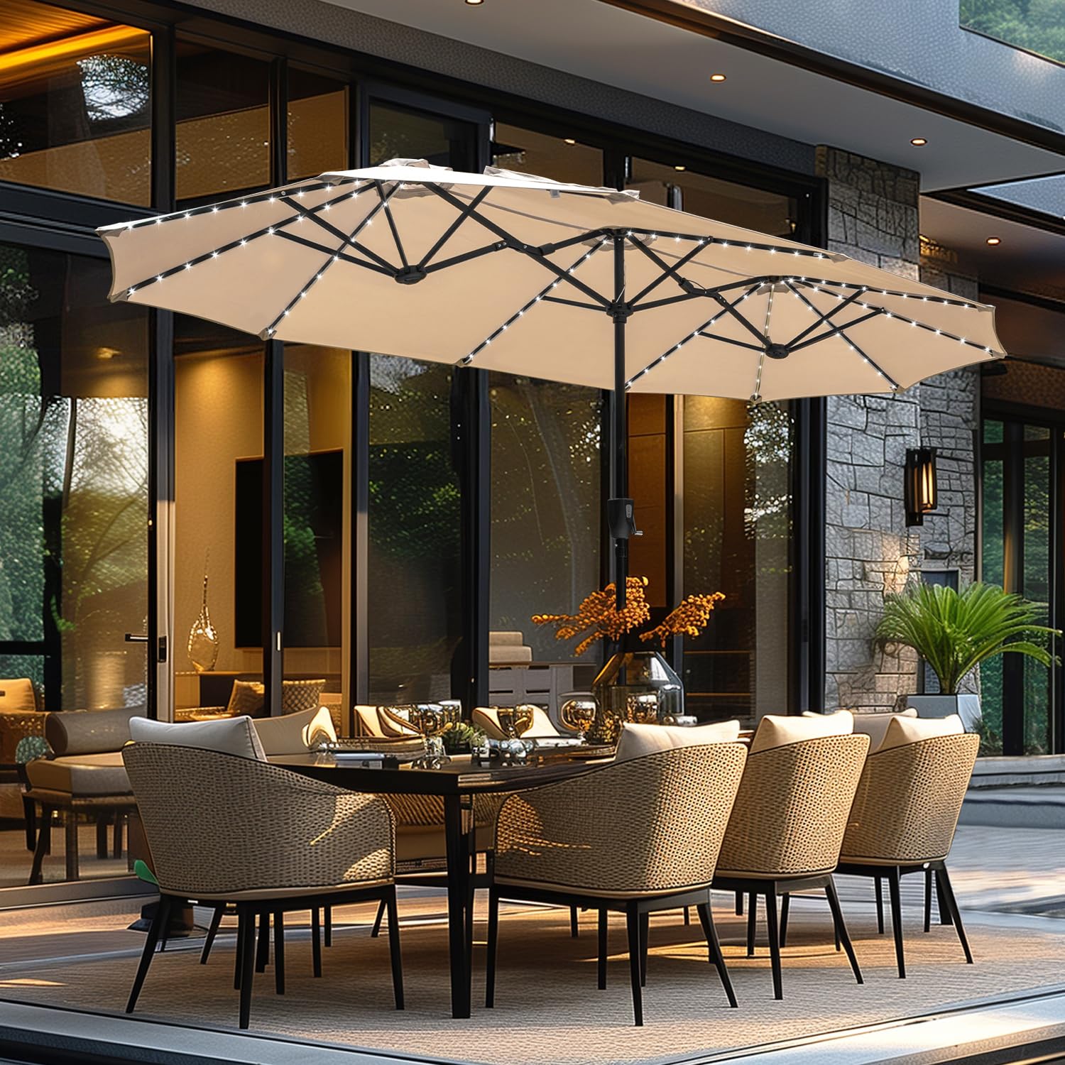 GREEN PARTY 13 ft Rectangle Patio Umbrella with Solar Lights, Double ...