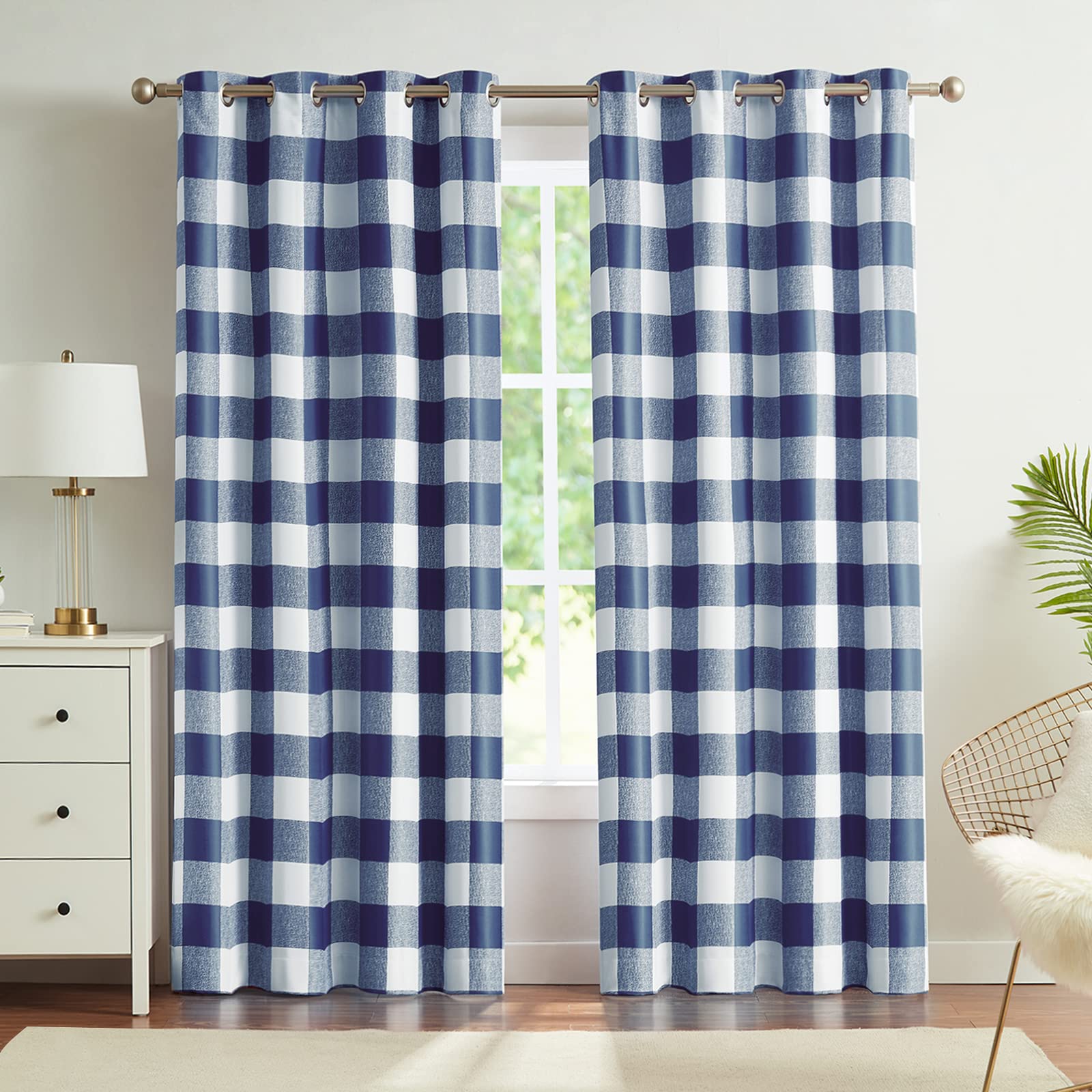 Melodieux Buffalo Check Plaid Blackout Curtains 72 Inches Long for Bedroom, Living Room Thermal Insulated Room Darkening Grommet Drapes, Blue, 50 x 72 Inch, 2 Panels