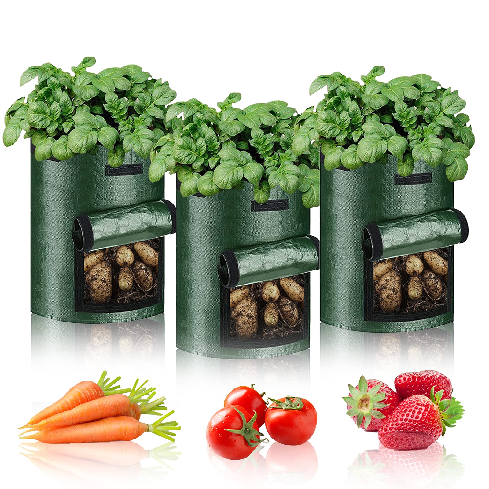 PfiHom Potato Grow Bags 10 Gallon-3 Packs, Heavy Duty Thickened Plant Growing bags UK for Tomatoes Carrot & Other Vegetables (Dark Green)