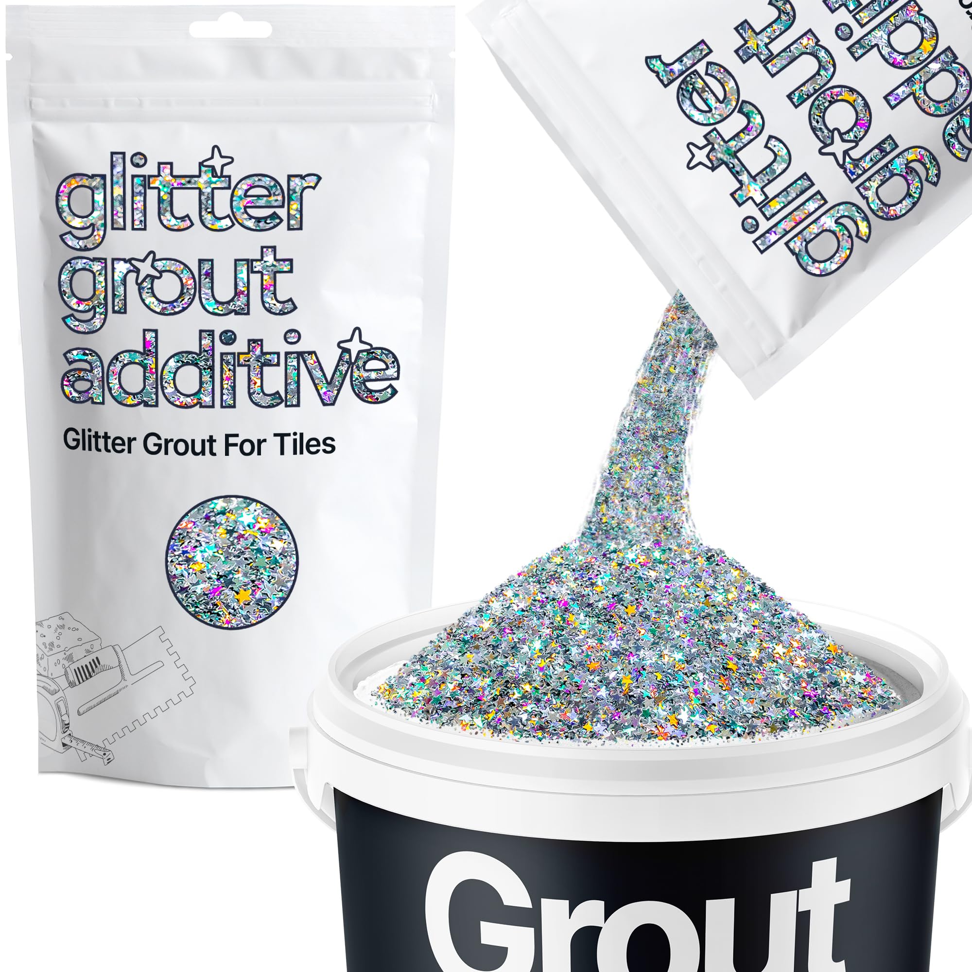 Hemway Silver Holographic Stars Glitter Grout Additive 100g Metallic Flakes for Adding Sparkle to Kitchen & Bathroom Tiles | Enhance Your Indoor Grouting Projects with a Durable Sparkly Effect