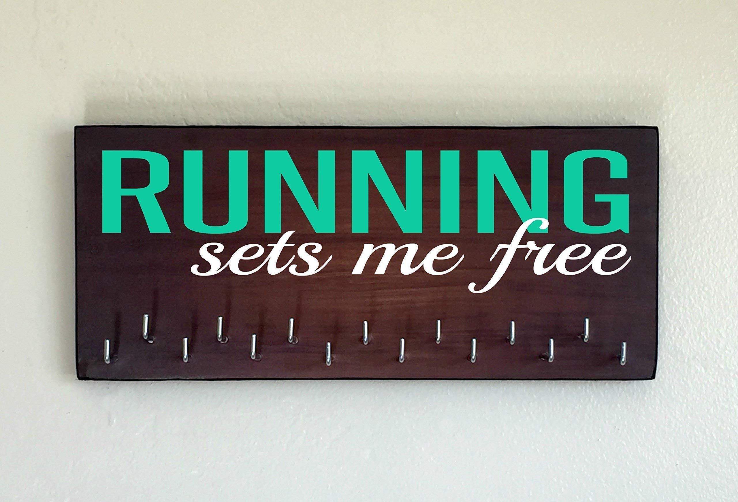 Race Medal Holder/Running Medal Hanger - RUNNING SETS ME FREE. Wood Wall Mounted Medal Organizer. CUSTOMIZATION Available